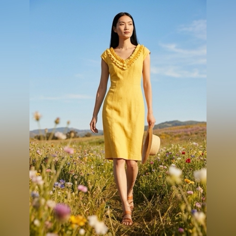 Kay Unger Yellow Ruffle-Trim Cap Sleeve Midi Dress